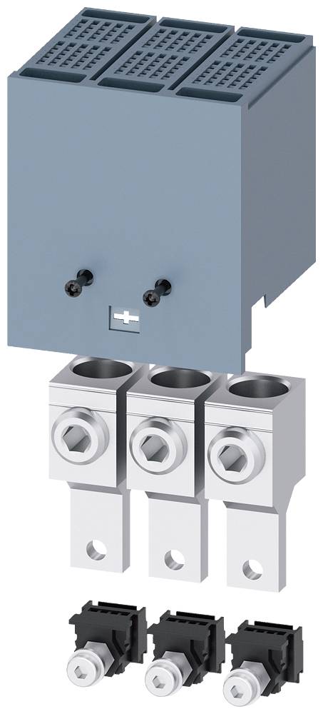 Elektromos alkatrész, amely egy szellőzőnyílásokkal ellátott szürke házból, három fém csatlakozóból és három fekete csatlakozódugóból áll.