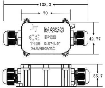 Egy téglalap alakú elektromos csatlakozódoboz, amelyen 'M686 IP68' felirat szerepel, méretei: hosszúság 138,2 mm, szélesség 70 mm.