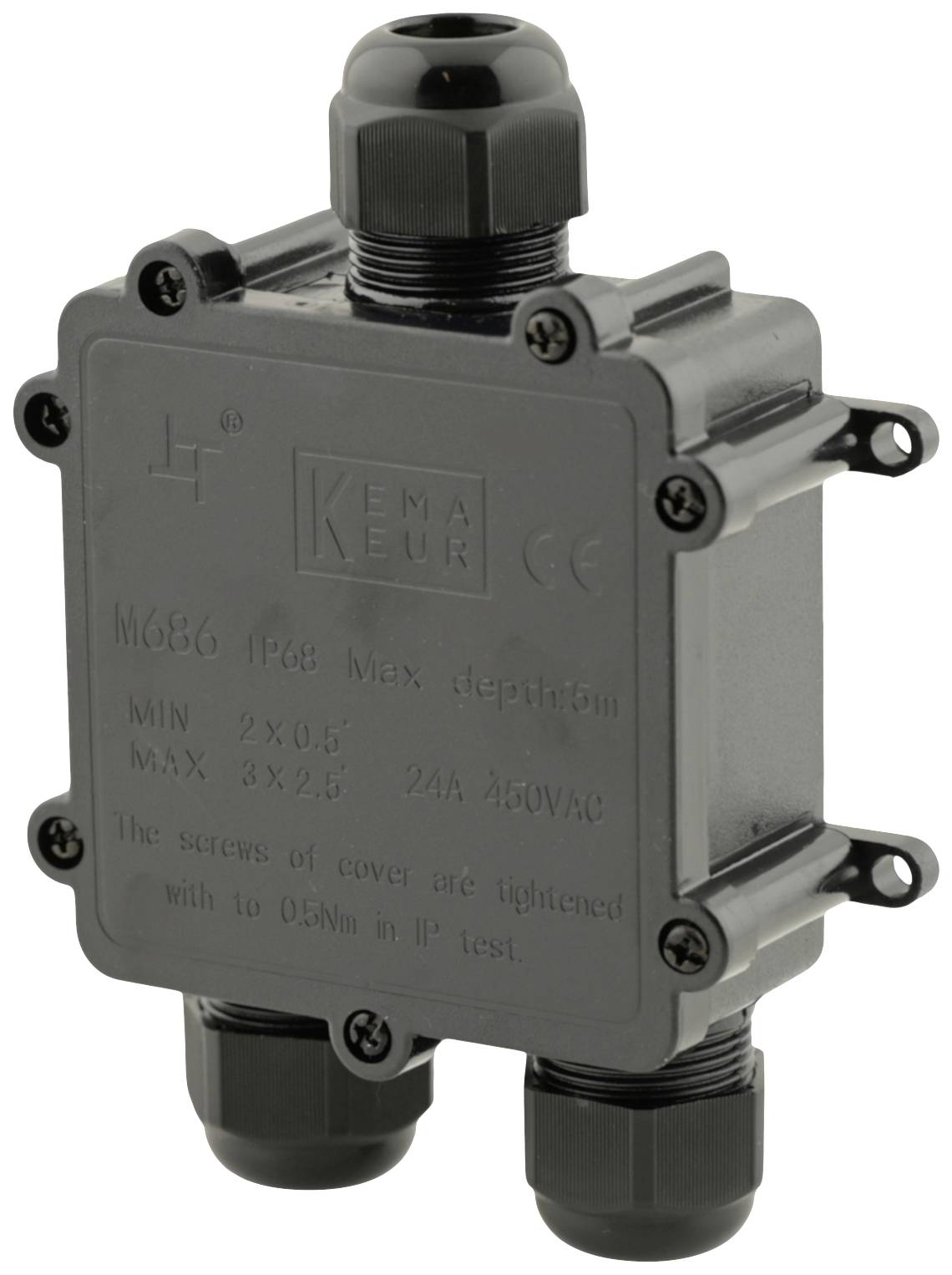 Négykábeles, IP68 védelmi fokozatú elektromos csatlakozódoboz, 24A és 450VAC terhelhetőséggel, KEMA által minősítve.
