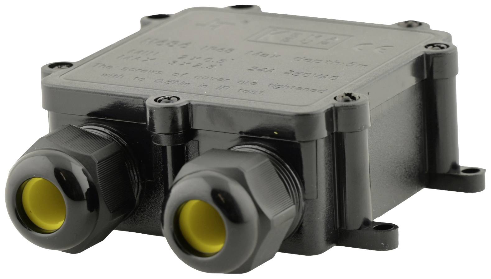 Egy fekete, téglalap alakú ház két kábelbevezető nyílással. Szilárdnak és időjárásállónak tűnik, alkalmas elektromos szerelésekhez.