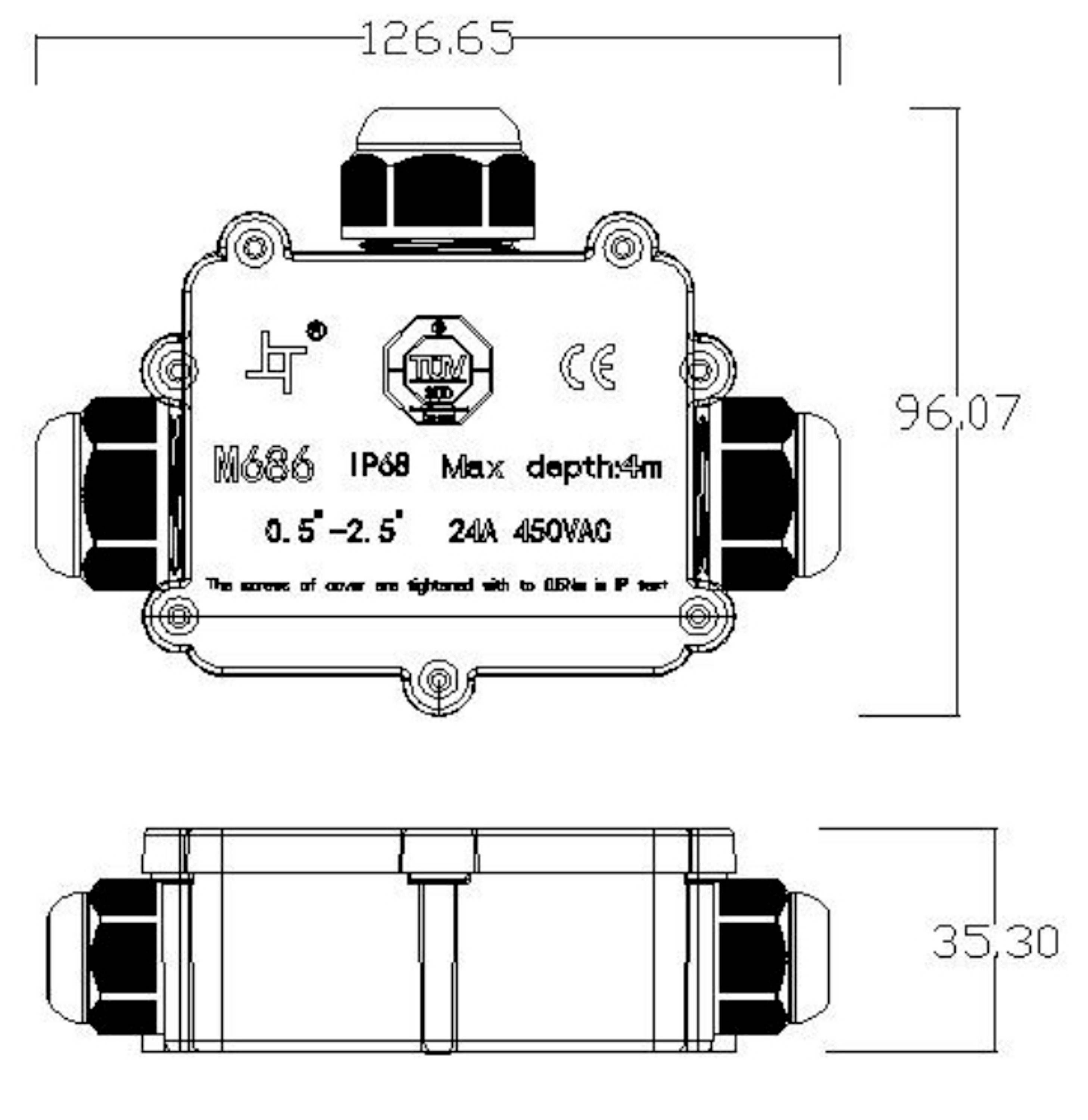 Elektromos eszköz, M686 modell. IP68 tanúsítvánnyal rendelkezik, maximális merülési mélység 4m, 5°-25° C, 24A 450VAC. Mérete: 126,65x96,07x35,30 mm.