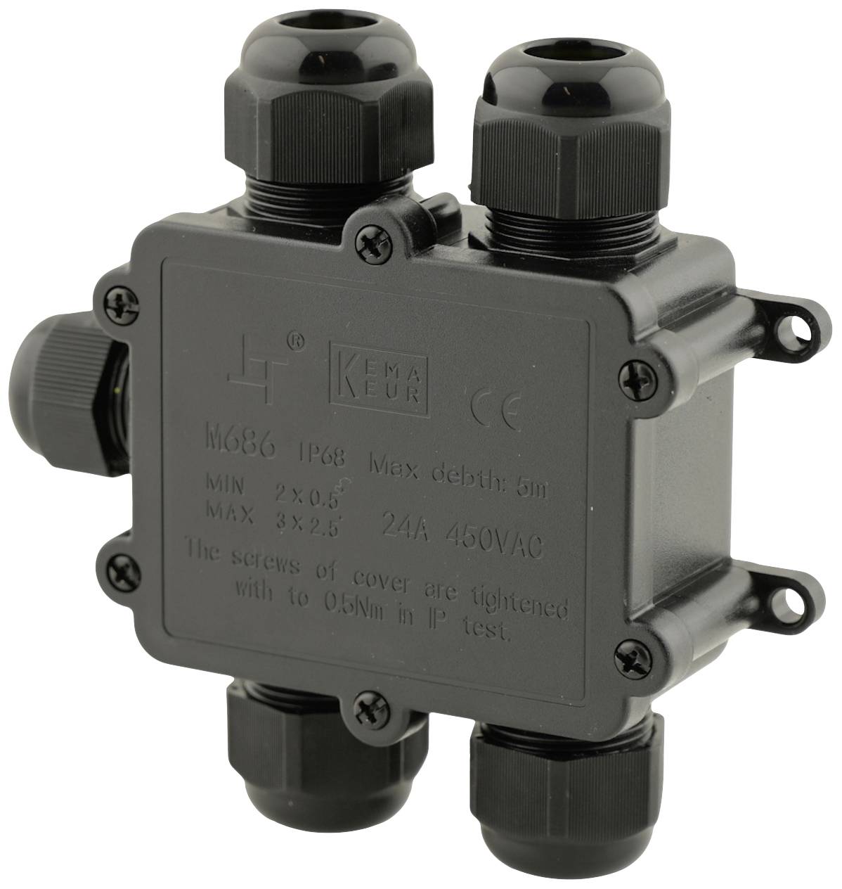 Vízálló (IP68) elektromos elosztószekrény három kábel csatlakozással, KEMA-Keur szabvány szerint minősítve. Maximális feszültség: 24A 450V AC.