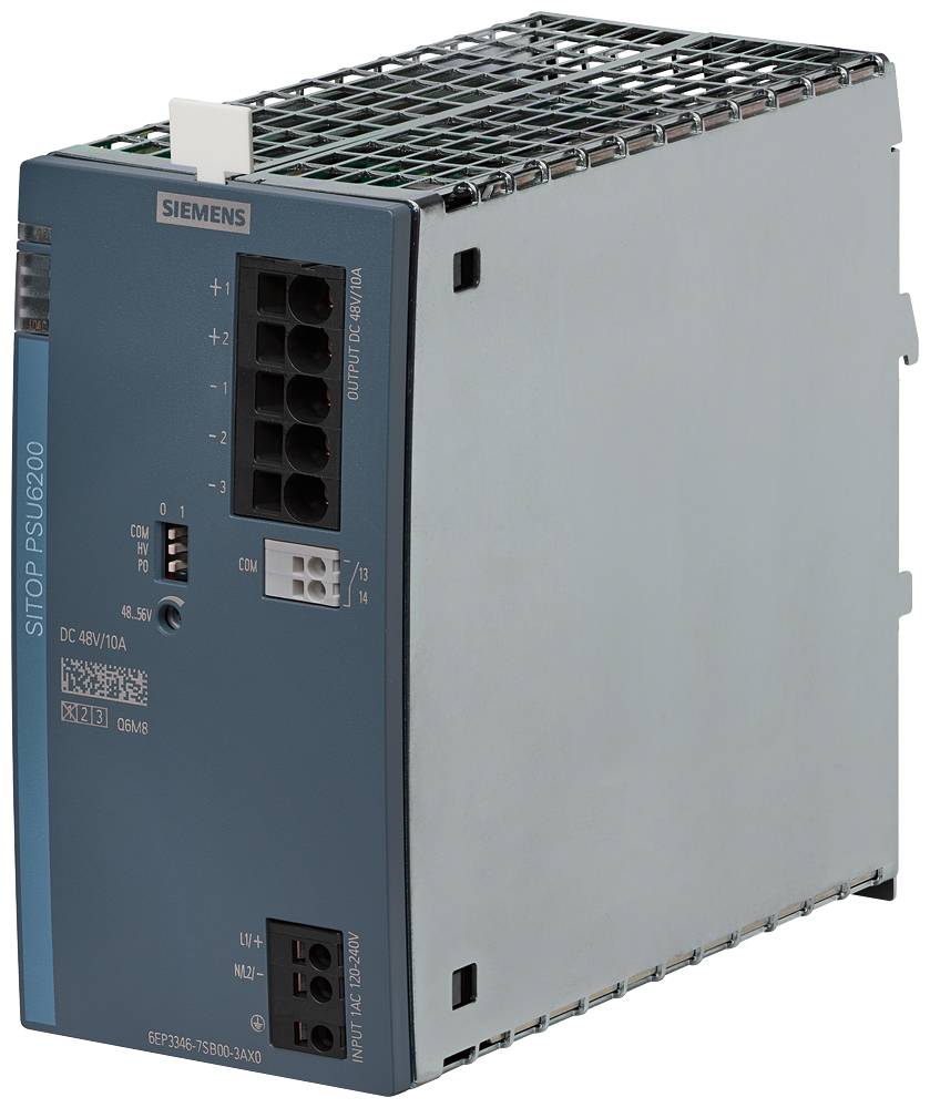 Egy Siemens SITOP PSU6200 kapcsolóüzemű tápegység, modellszám 6EP3336-7SB00-3AM0, ipari alkalmazások áramellátásához.