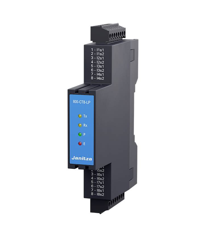 Egy fekete Janitza 800-CTB-LP eszköz kék előlappal és LED-kijelzőkkel a 'Tx', 'Rx', 'P' és 'E' jelzésekhez. Kábelcsatlakozók mindkét oldalon.