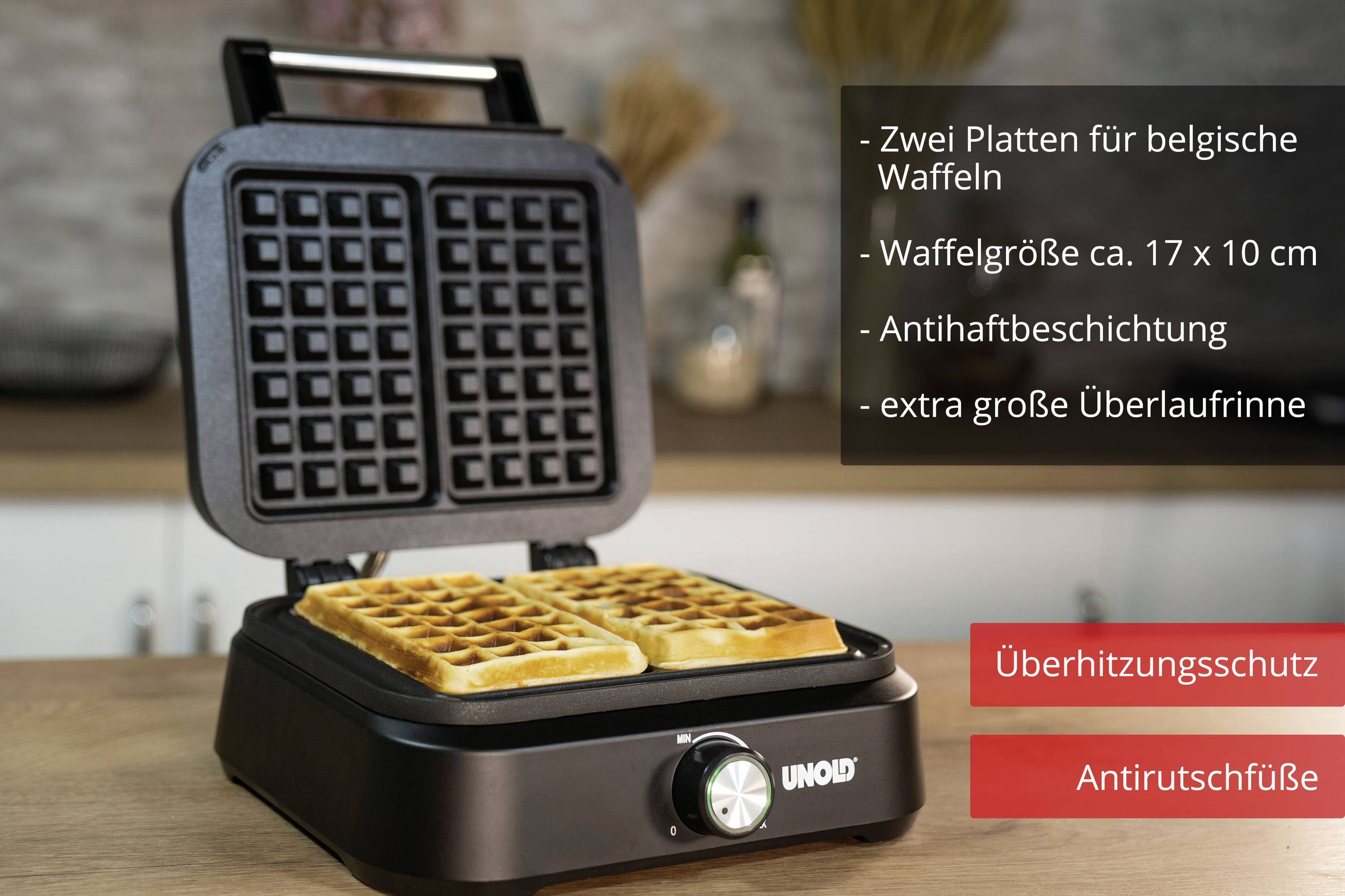 Egy gofrisütő két belga gofival a munkafelületen. A szöveg olyan jellemzőkre utal, mint a méret, tapadásmentes bevonat és biztonsági funkciók.