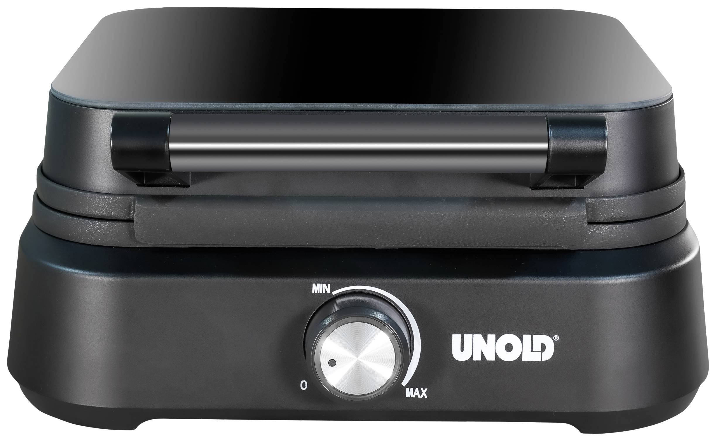 Unold márkájú fekete kontaktgrill elöl elhelyezett hőmérséklet-szabályzóval.