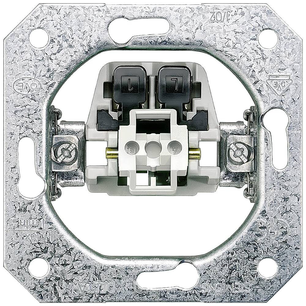 Süllyesztett kapcsoló takaróelem nélkül, fém elemekből áll, két fekete gombbal és csavaros rögzítésekkel a beépítéshez.