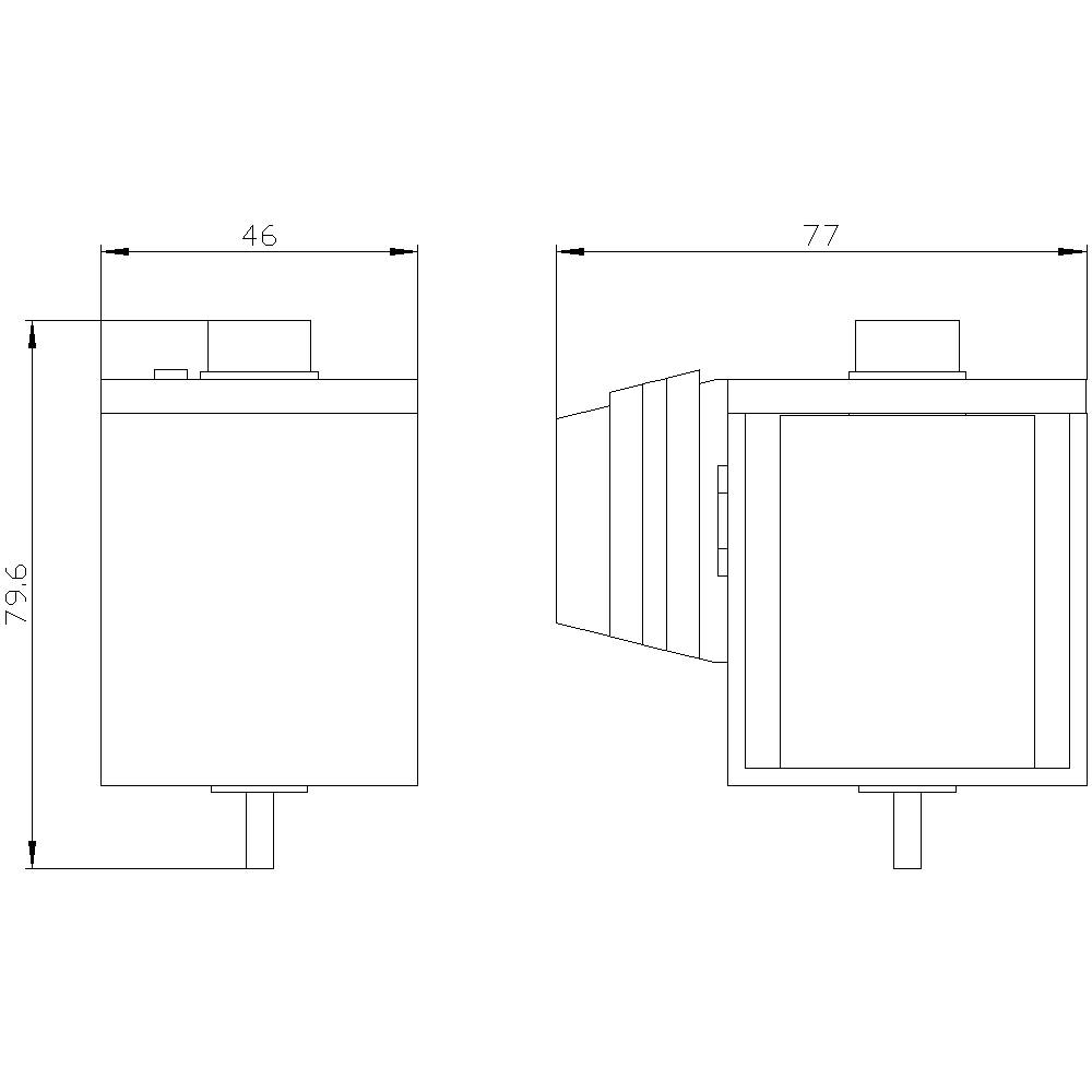 Egy kompakt ház műszaki rajza. Méretei elölnézetben 46 x 79,6 mm, oldalnézetben 77 mm.