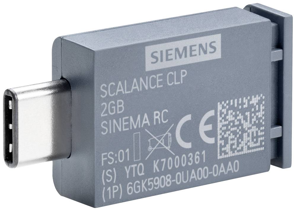 Siemens USB-C memóriaeszköz 'SCALANCE CLP 2GB SINEMA RC' felirattal. Kompakt kivitelezés, szürke színben.