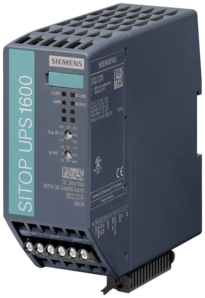 Siemens SITOP UPS1600, egy indítóakkumulátor-egység a folyamatos áramellátás biztosítására, feszültség- és áramerősség-adatokkal.