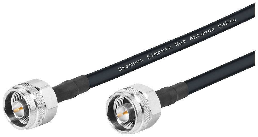 Két fekete antennakábel fémes csatlakozókkal. A kábelen felirat: 'Siemens Simatic Net Antenna Cable'.