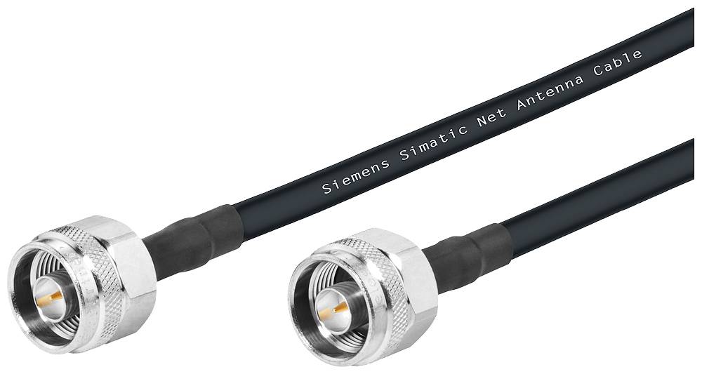 Két koaxiális antennakábel fémcsatlakozókkal és fekete borítással. Az egyik kábelen a 'Siemens Simatic Net Antenna Cable' felirat olvasható.