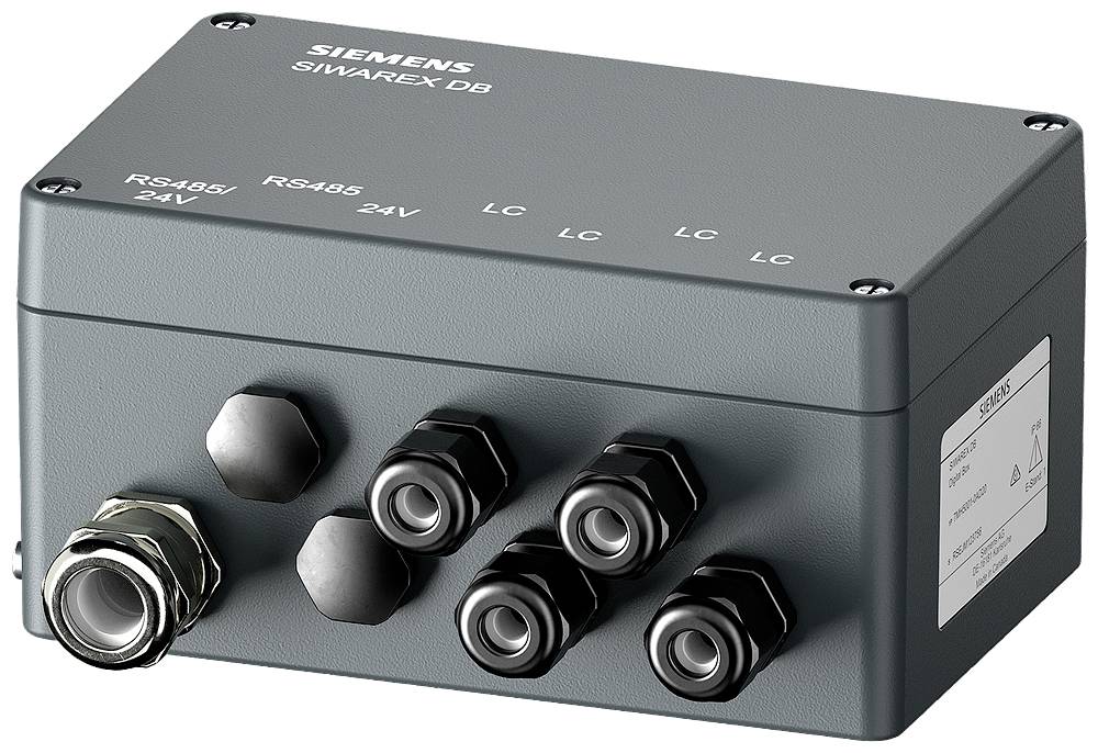 Egy szürke-fekete elektromos eszköz több oldalsó csatlakozóval és egy 'Siemens Siwarex DB' feliratú címkével.