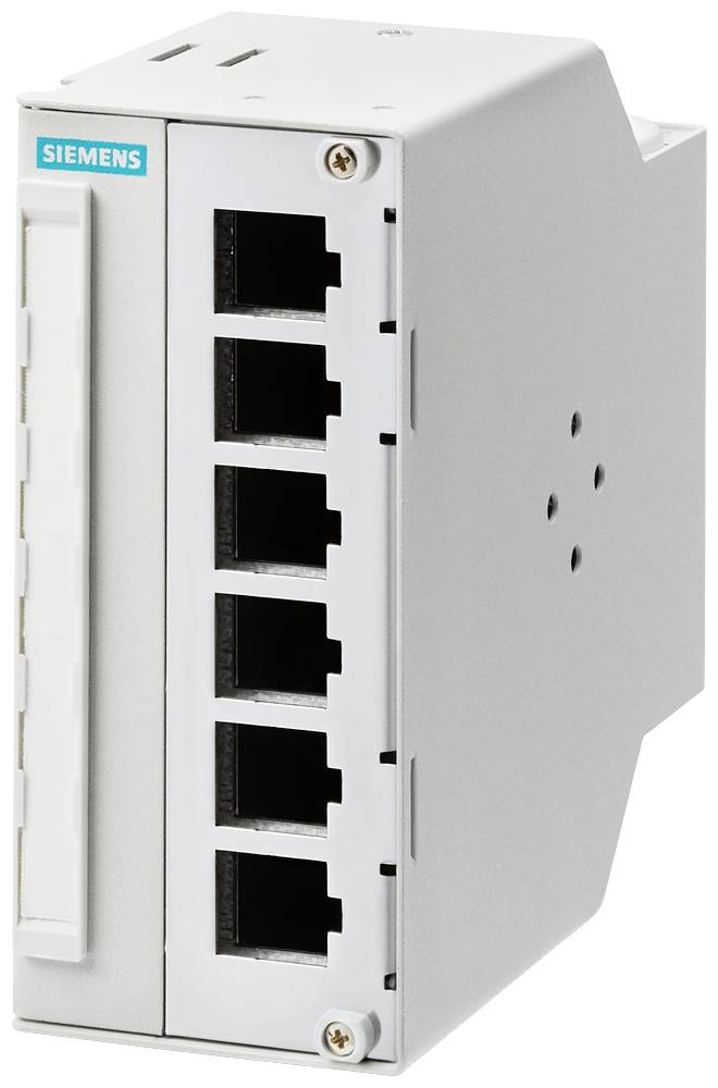 Egy szürke Siemens hálózati switch öt Ethernet-csatlakozóval. Hálózati kábelek összekapcsolására és kezelésére szolgál.