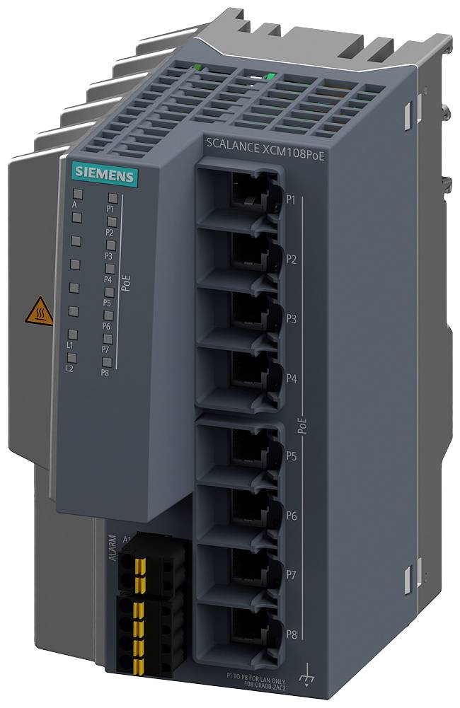 Egy Siemens Scalance XCM1108PoE ipari Ethernet switch nyolc porttal, amely alkalmas hálózati csatlakozásokhoz ipari környezetben.
