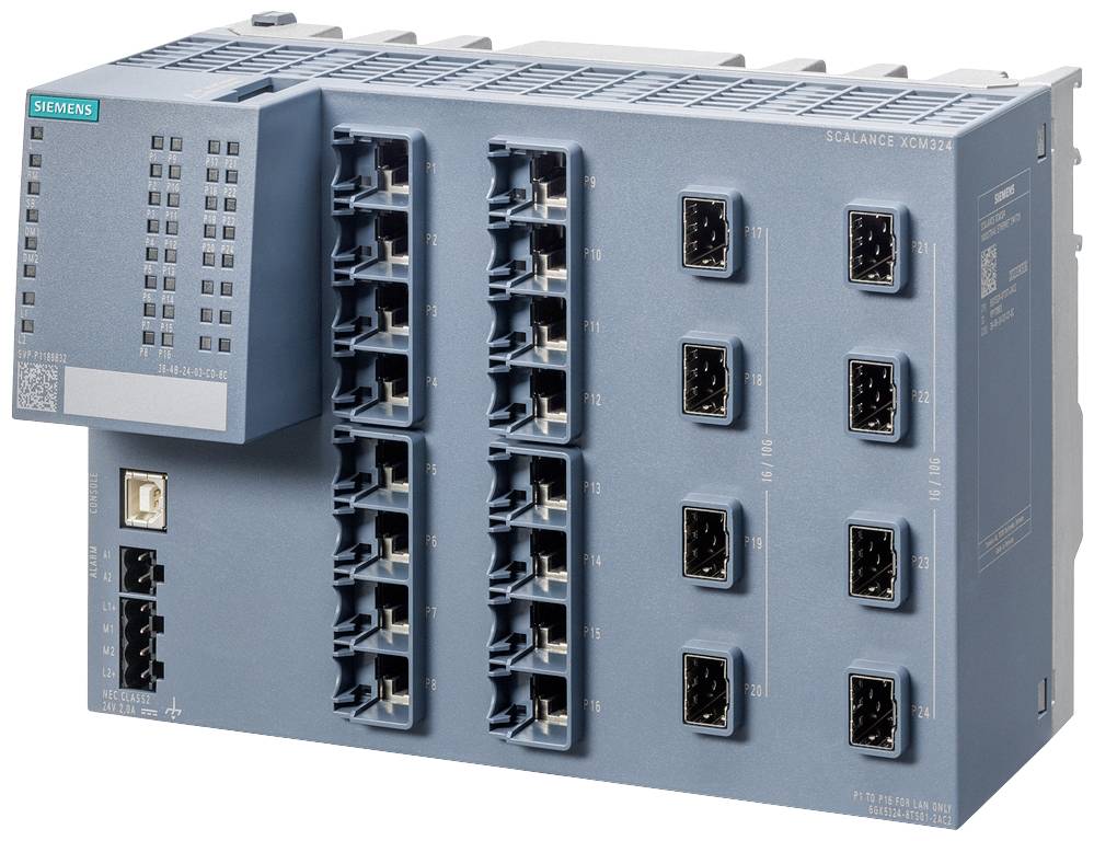 Egy szürke Siemens Scalance XCM424 ipari router több hálózati csatlakozóval, ipari kommunikációs alkalmazásokhoz tervezve.