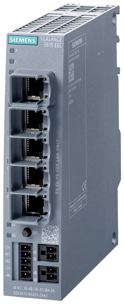 Ipari hálózati switch hat Ethernet-porttal, 'Siemens Scalance S615' modell. Biztonságos hálózati csatlakozásokhoz alkalmas.