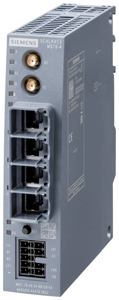 Sötétszürke házban lévő ipari router Siemens-logóval és több hálózati csatlakozóval az elején.