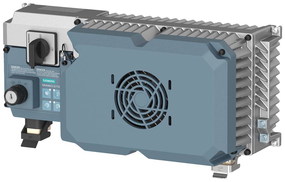 Ipari berendezés kék és szürke színben, ventilátorral, szabályzókkal és kezelőpanellel. Modell: Siemens Sinamics G110.