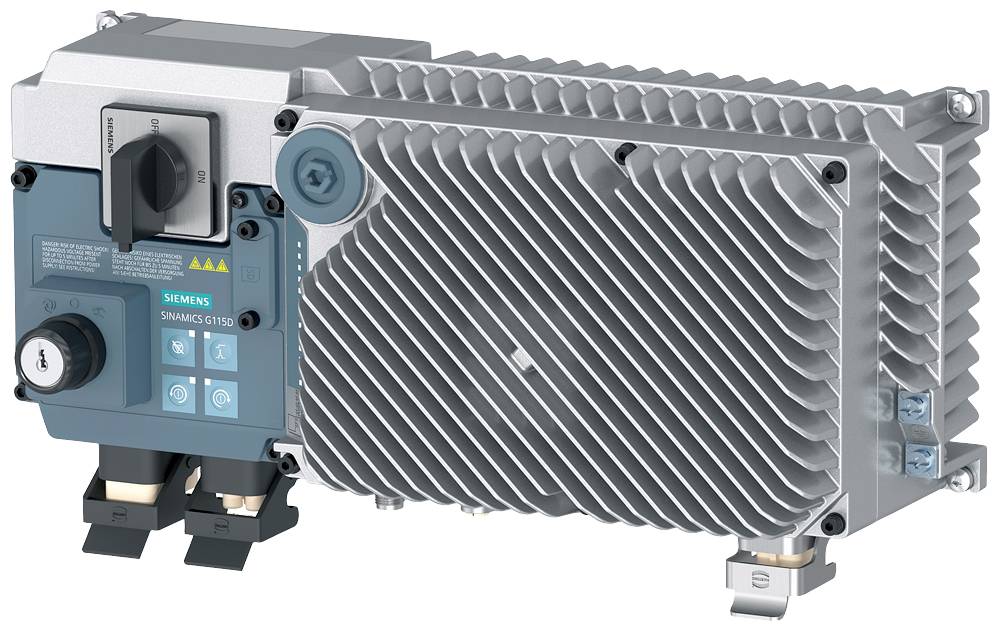 Szürke és kék 'Siemens Sinamics G150' ipari hajtásrendszer, kapcsolókat és csatlakozókat mutat; hajtásvezérlésre használva.