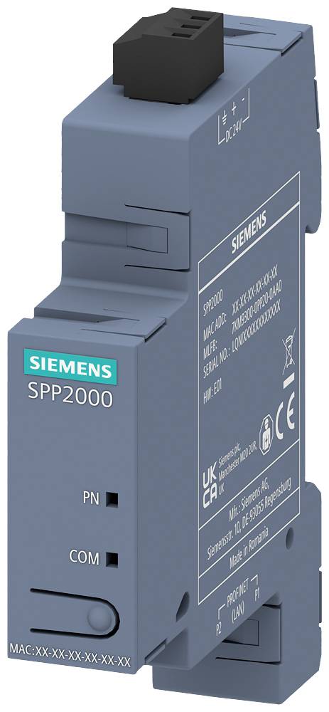 Egy szürke Siemens elektromos készülék, SPP2000 modell, PN és COM csatlakozókkal, sorozatszámmal és biztonsági tanúsítványokkal ellátva.