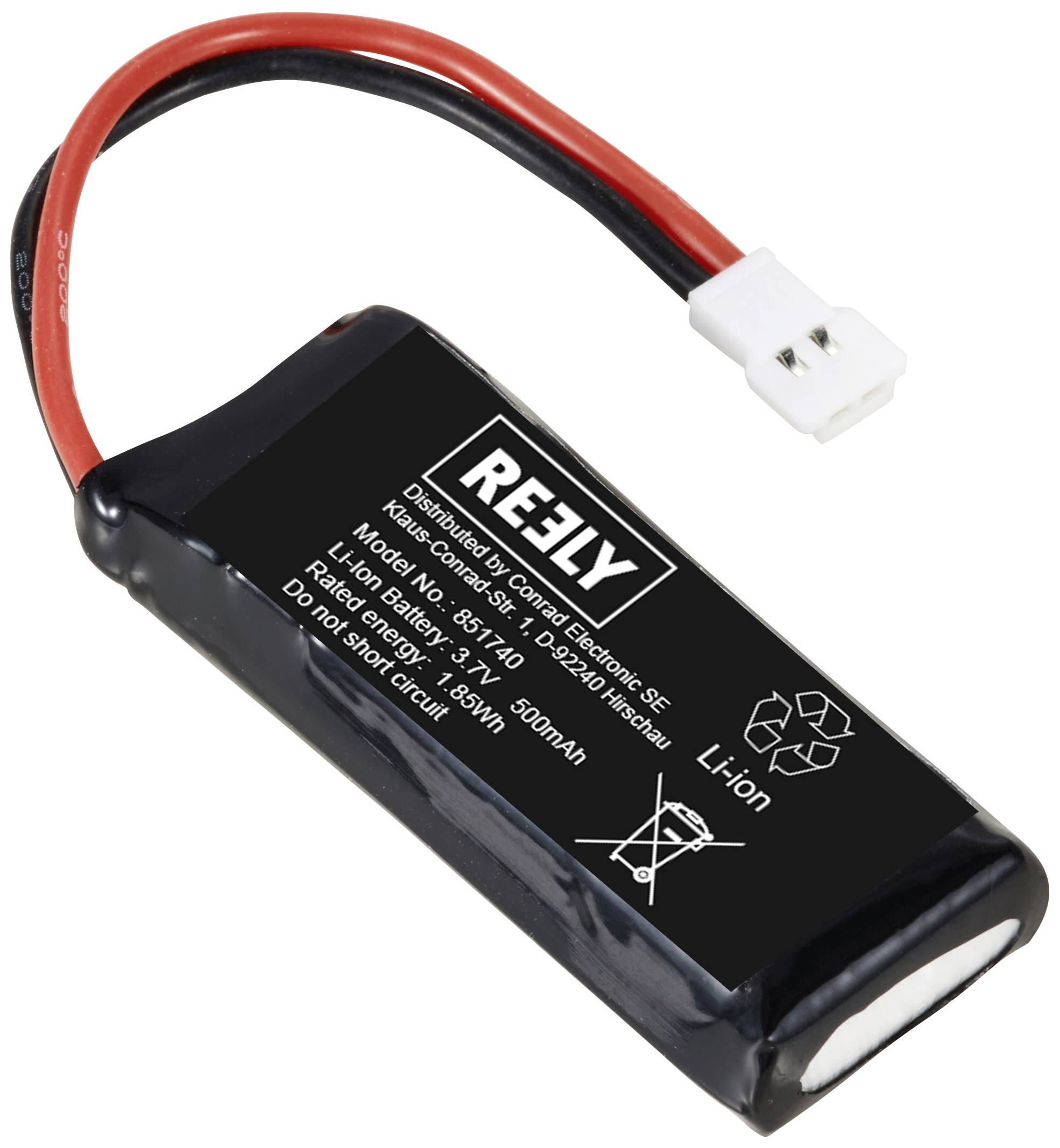 Egy fekete Li-Ion akkumulátor kábelekkel és csatlakozóval, felirata: 'REELY, Modell: 85173, 3,7V, 500mAh, 1,85Wh, ne zárja rövre'.