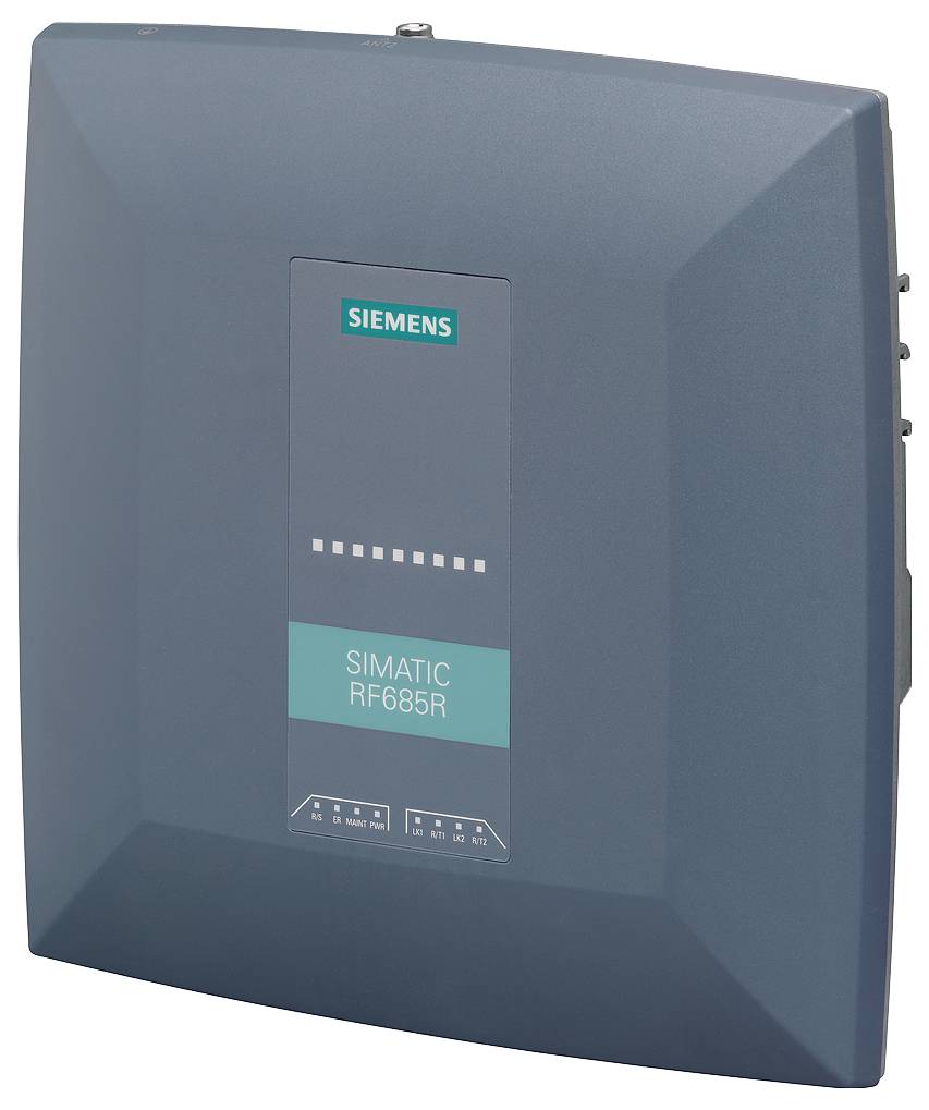 Egy Siemens RFID-olvasó, SIMATIC RF685R típus. Négyzet alakú házazattal rendelkezik, központi logóval és LED-kijelzőkkel.