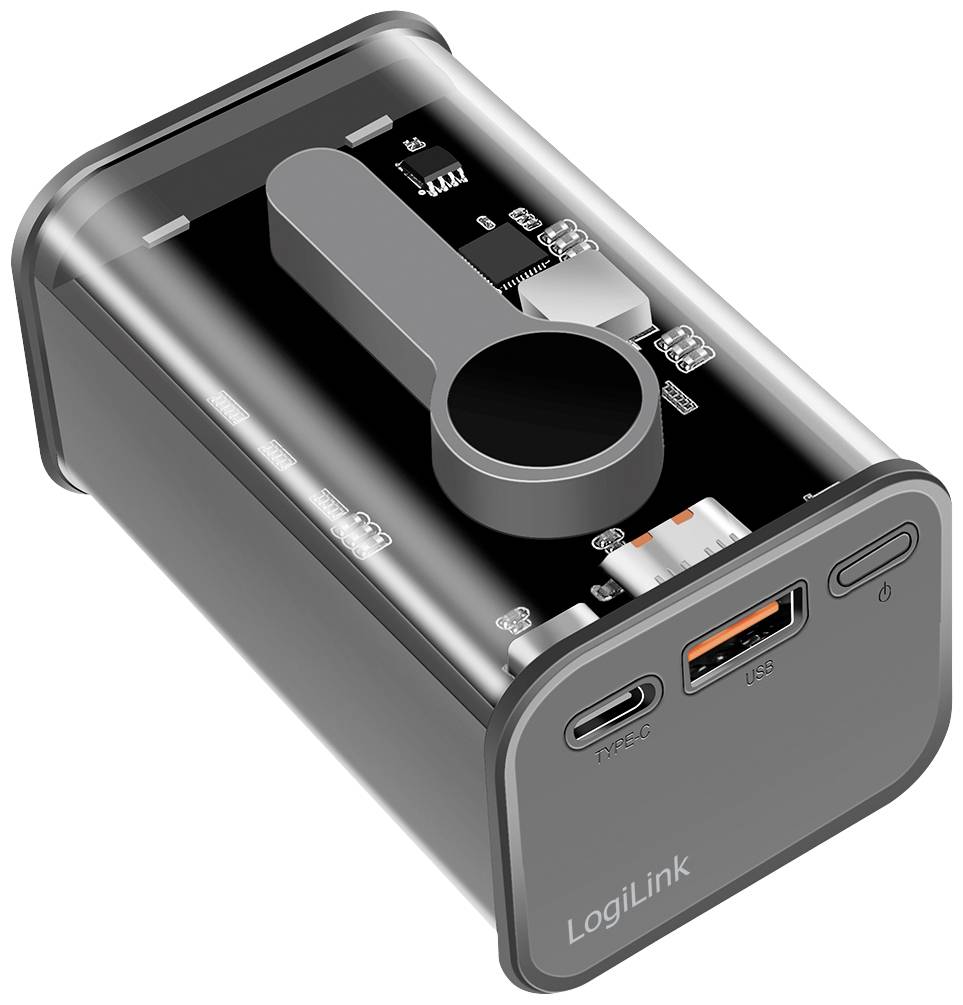 Egy átlátszó LogiLink adapter, amely két USB-csatlakozóval és elölnézeti LED-kijelzővel rendelkezik, mutatja a belső szerkezetét.