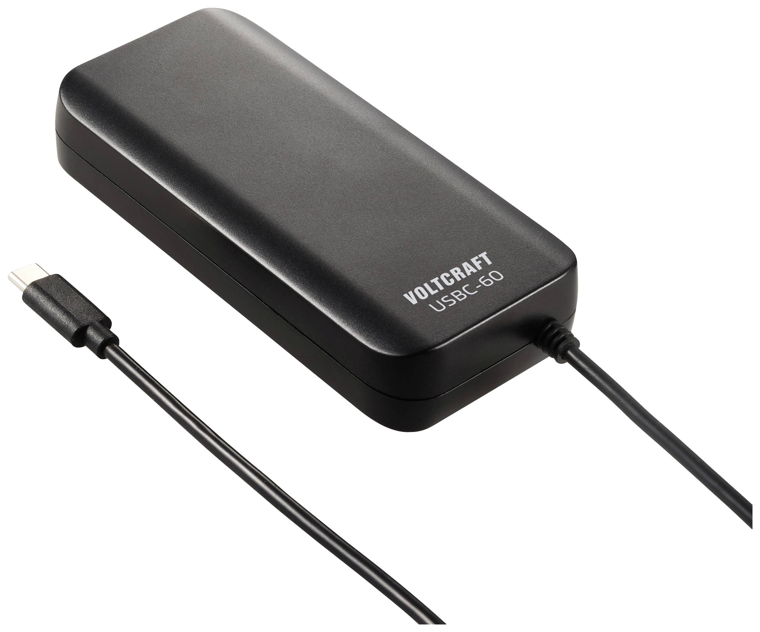 Egy fekete Voltcraft márkájú töltő, USBC-60 modellszámmal, oldalán USB-C kábel csatlakozóval.