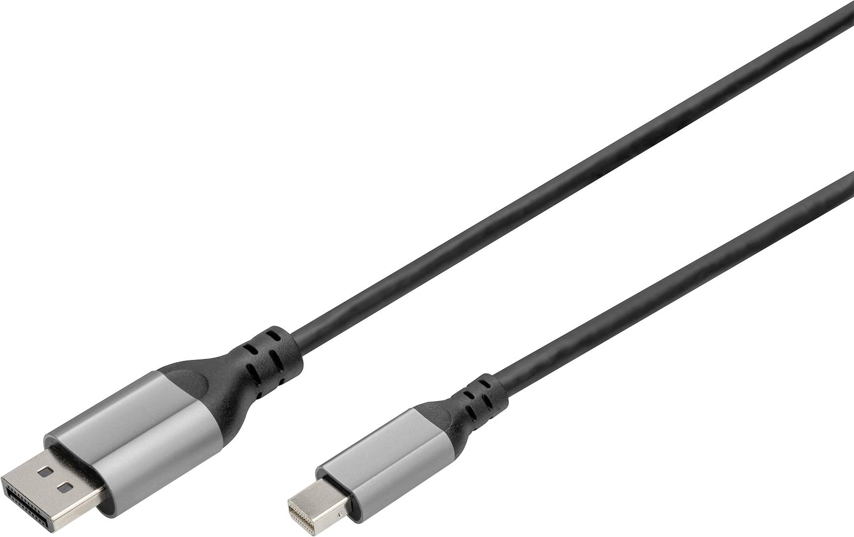 Fekete HDMI–USB-C kábel fémszerelvényekkel, fehér háttér előtt.