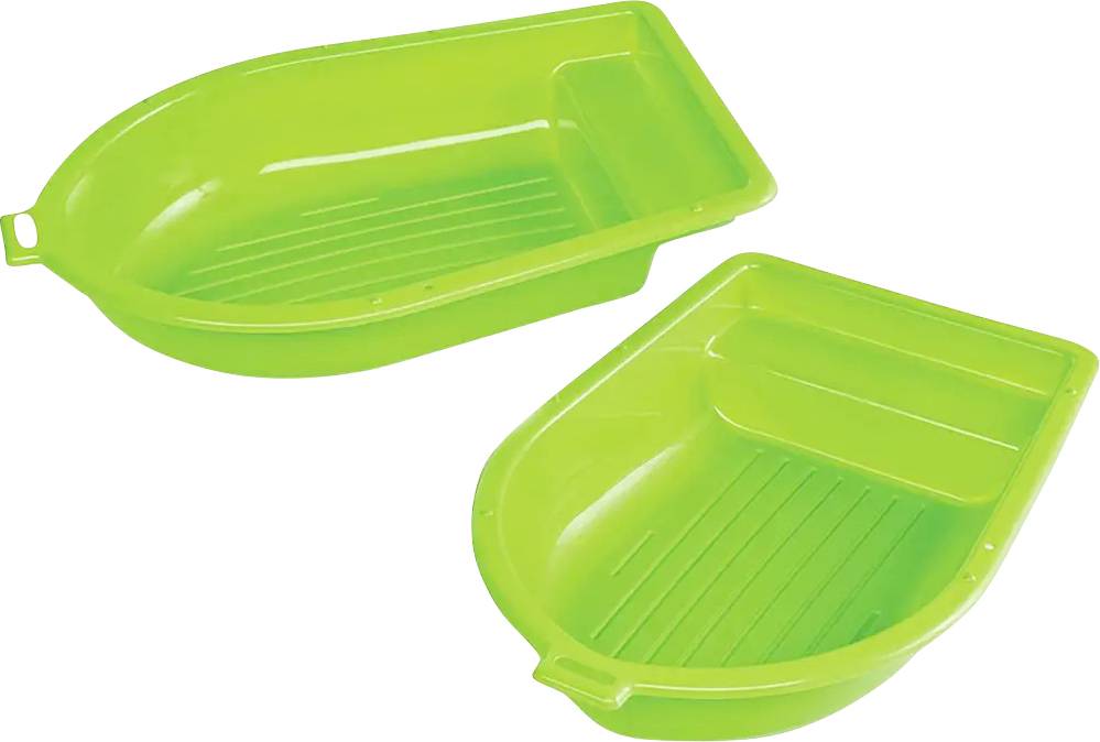 Két egymás melletti zöld műanyag tál, eltérő méretben.