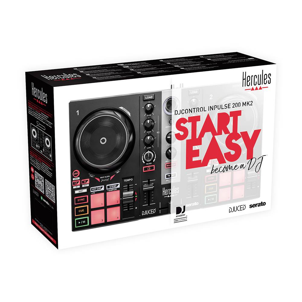 A Hercules DJControl Inpulse 200 MK2 DJ-kontroller doboza. Felirata: 'Kezdd könnyedén, válj DJ-vé'. A dobozon a készülék képe látható.