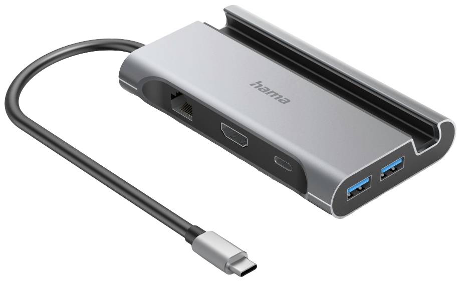 USB-C-elosztó több csatlakozóval, beleértve USB, HDMI és Ethernet portokat, a Hama márkától. Ezüst ház fekete kábellel.