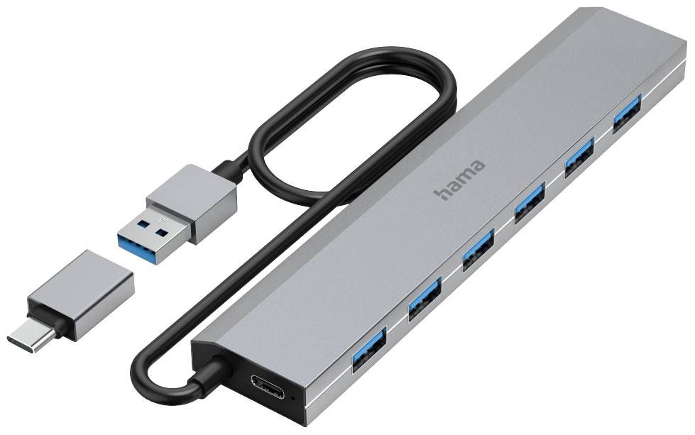 Egy ezüst USB-elosztó hat kék USB-porttal és egy csatlakoztatott kábellel, amelynek mindkét oldalán különböző USB-csatlakozók vannak.