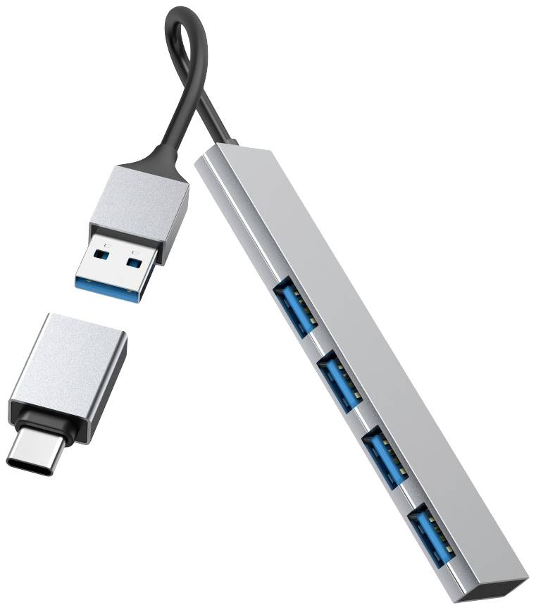 Négy kék USB-csatlakozóval rendelkező USB-elosztó USB-A kábellel csatlakoztatva. Mellette egy USB-C-ről USB-A-ra átalakító adapter.
