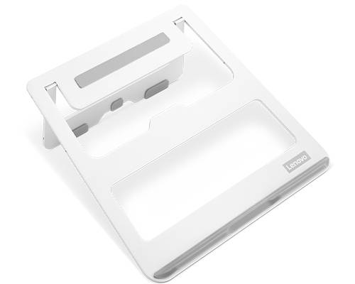 Egy fehér, összecsukható Lenovo laptoptartó, amely ergonomikus használatot és jobb szellőzést biztosít.