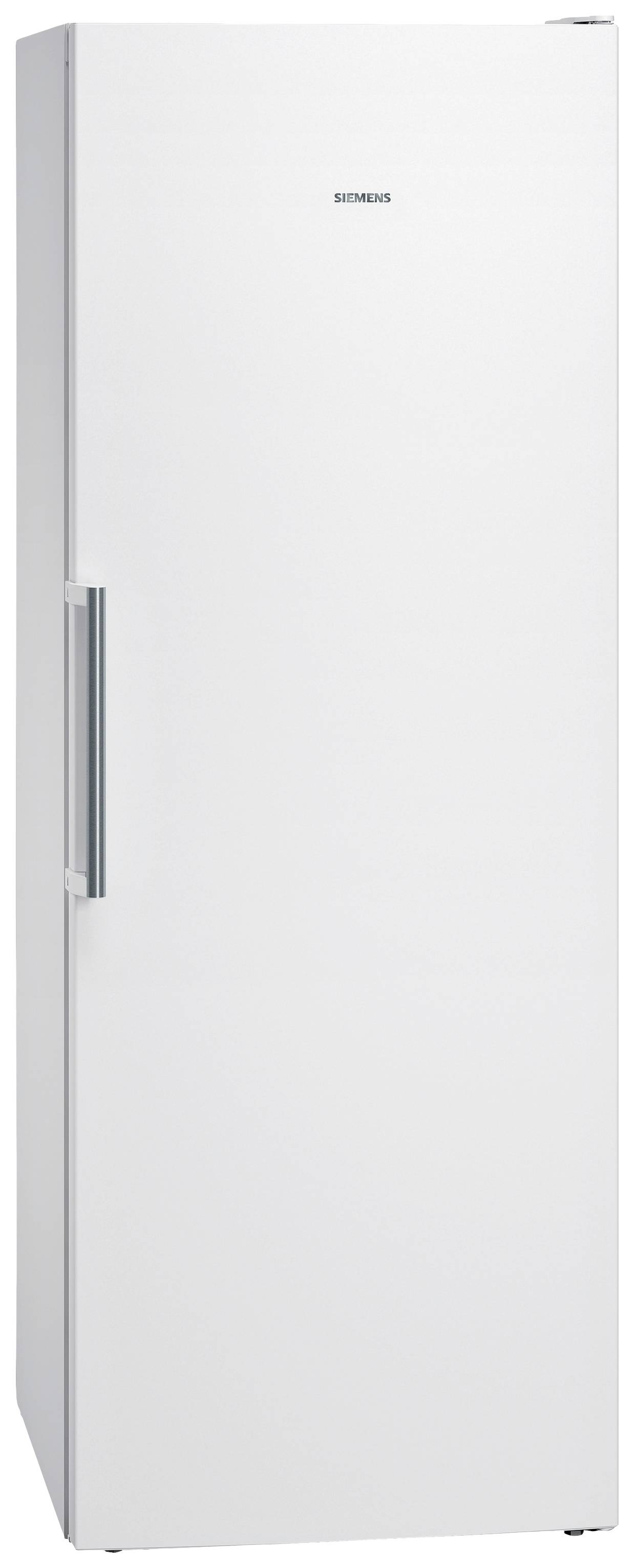 Egy szabadon álló fehér hűtőszekrény, amelynek a bal oldalán függőleges fogantyú van.