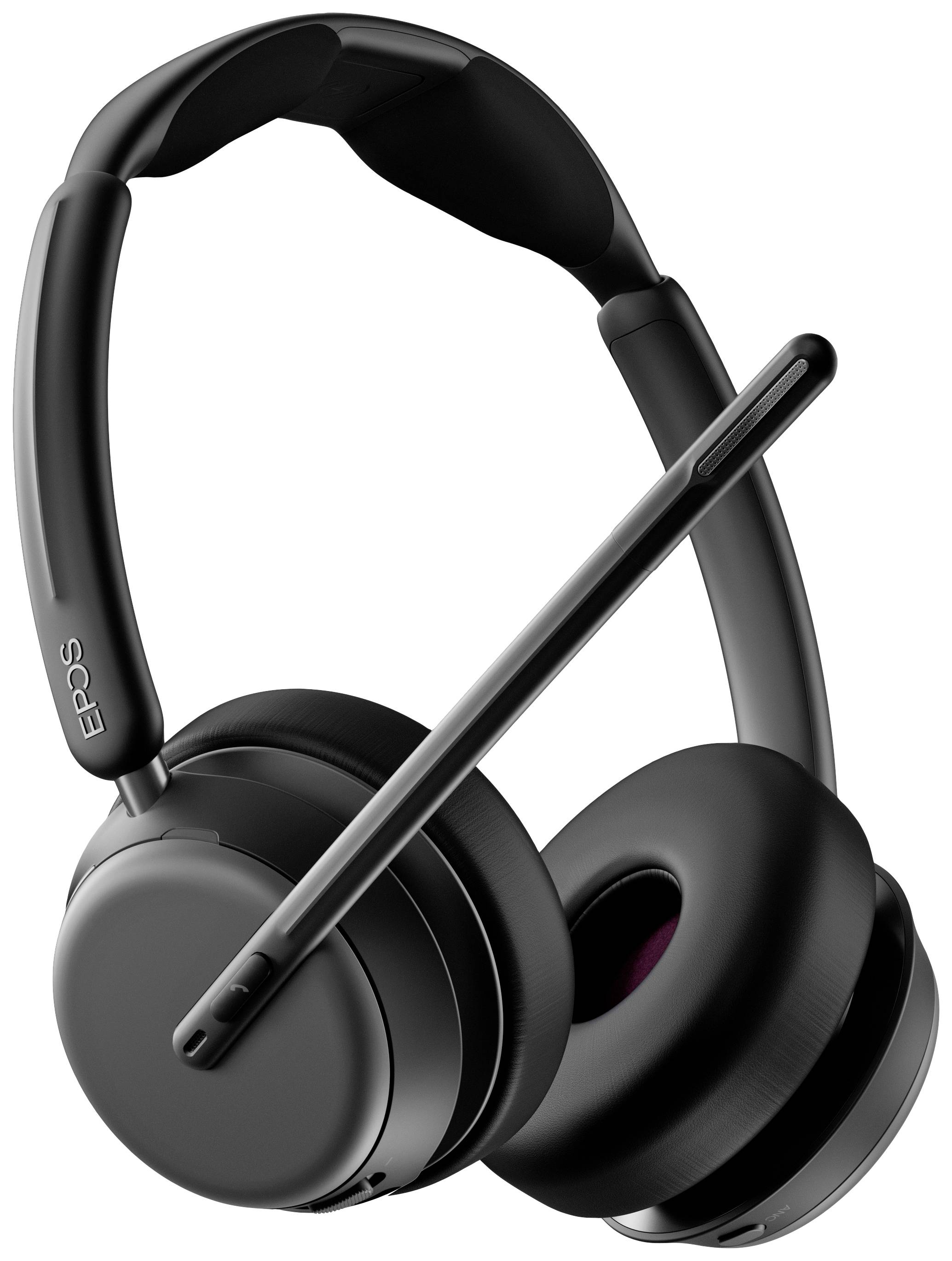 Fekete vezeték nélküli headset mikrofonnal, amely telefonkonferenciákhoz vagy zenehallgatáshoz egyaránt alkalmas. Tiszta hang és modern dizájn.