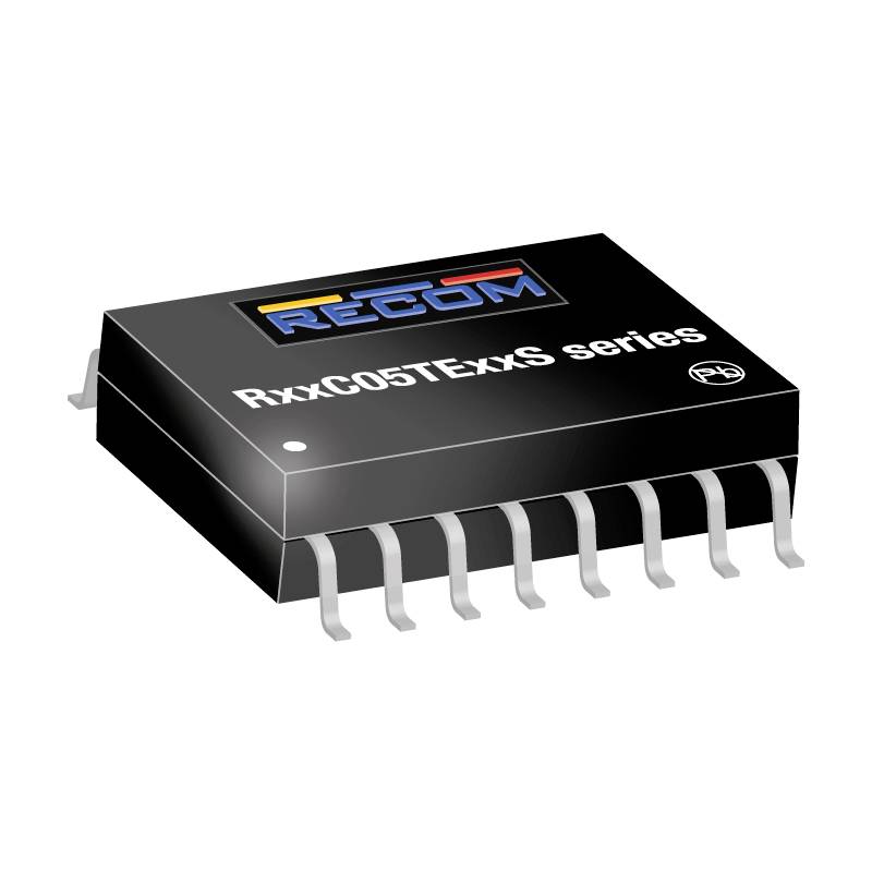 Egy fekete házba foglalt elektronikai mikrochip, amelyen a 'RxxC05TExxS sorozat' felirat és a 'RECOM' gyártói logó látható.