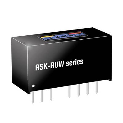 Elektronikai alkatrész az RSK-RUW sorozatból, több érintkezővel alul, fekete házban, a 'RECOM' márkanév felül nyomtatva.