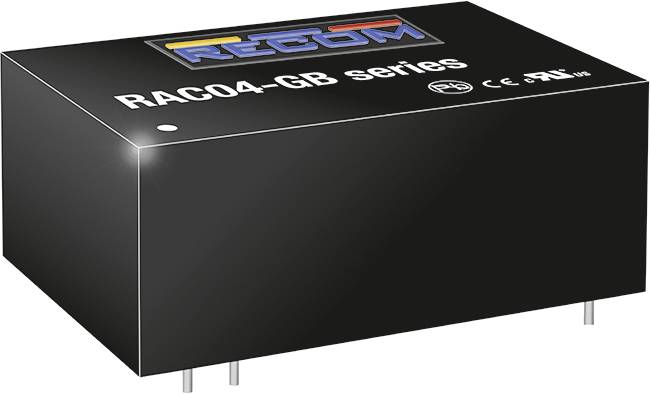 Fekete elektronikai ház 'RAC04-GB sorozat' felirattal. Jelölések: CE és UL. Téglalap alakú, lent fémcsatlakozókkal.