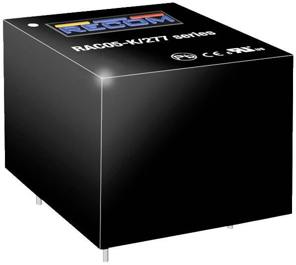 Fekete elektronikai modul a 'RAC05-K/277 sorozatból', színes logókkal és műszaki tanúsítványokkal a felső oldalán.