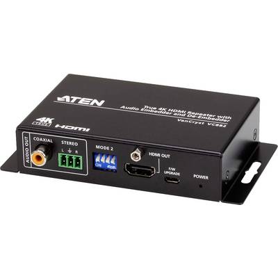 Fekete HDMI-ismétlő beépített és leválasztható audioval, ATEN márkanévvel, VC882 modell. Csatlakozók és kapcsolók láthatók.