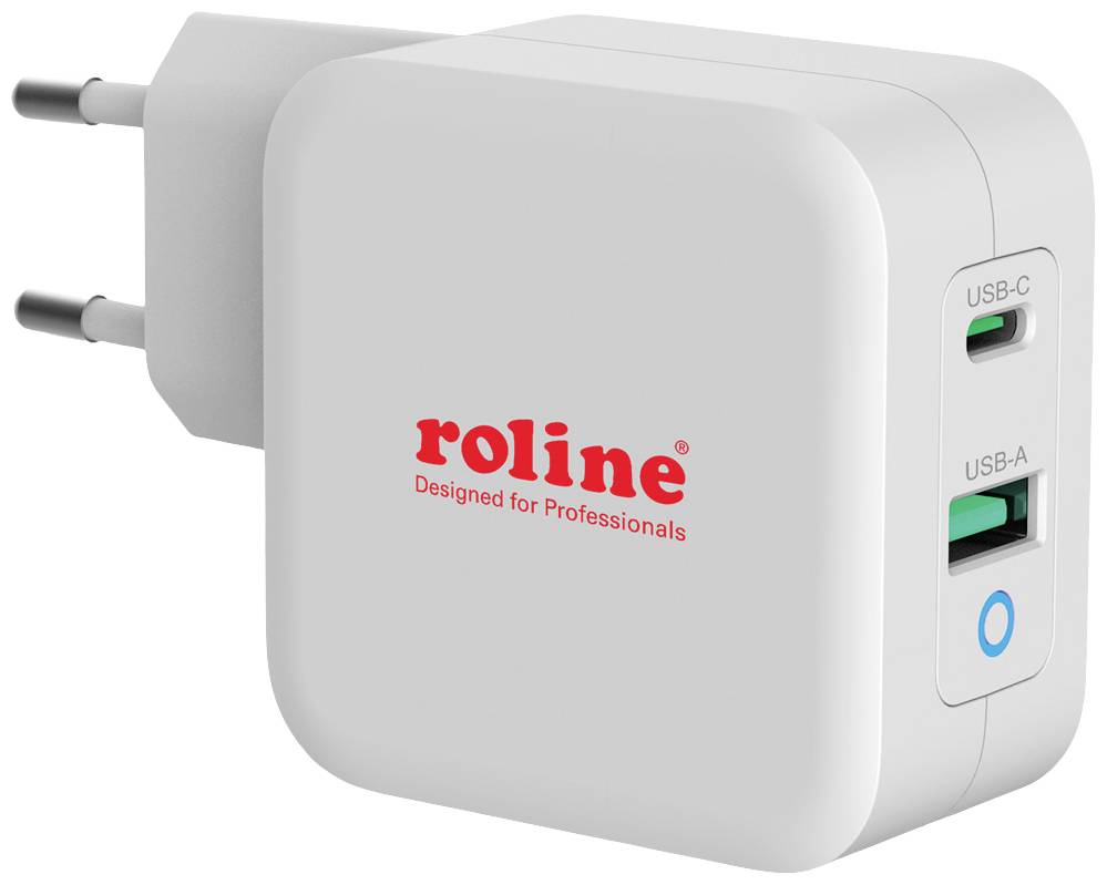 Roline USB-s töltőkészülék 65 W 1x USB-A, 1x USB-C® Power Delivery, QC 3.0 Fehér Beltér
