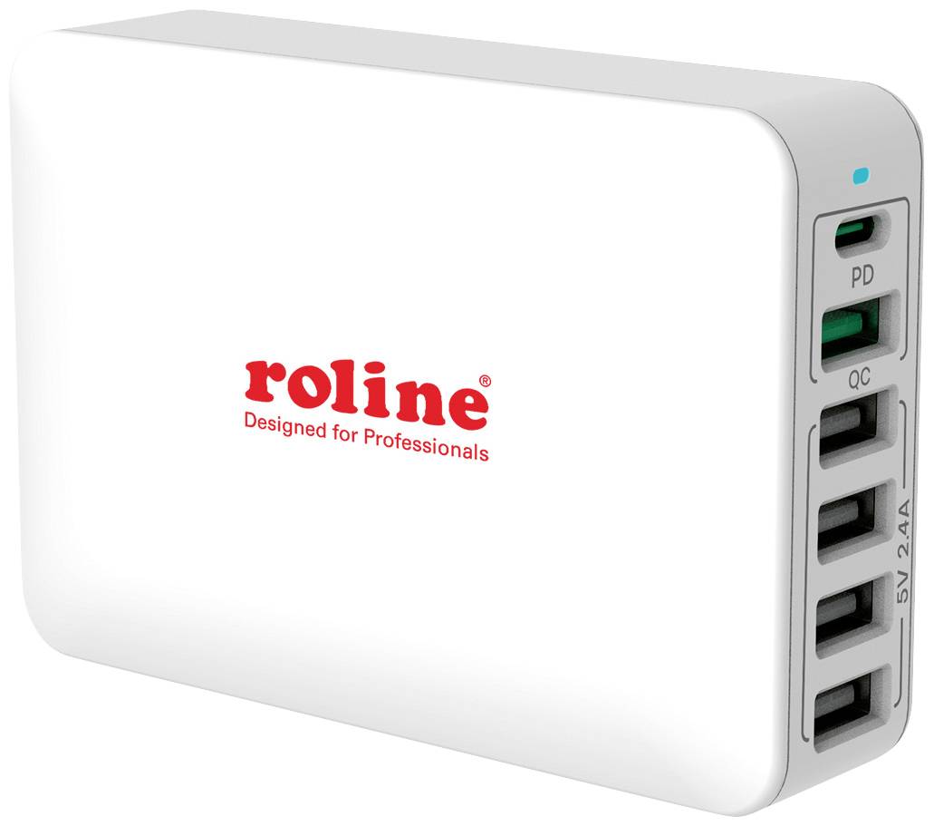 Fehér elosztó négy USB-csatlakozóval, amelyek közül egy zölden kiemelve. A márkanév 'roline' és a szlogen 'Tervezve szakembereknek' pirossal.