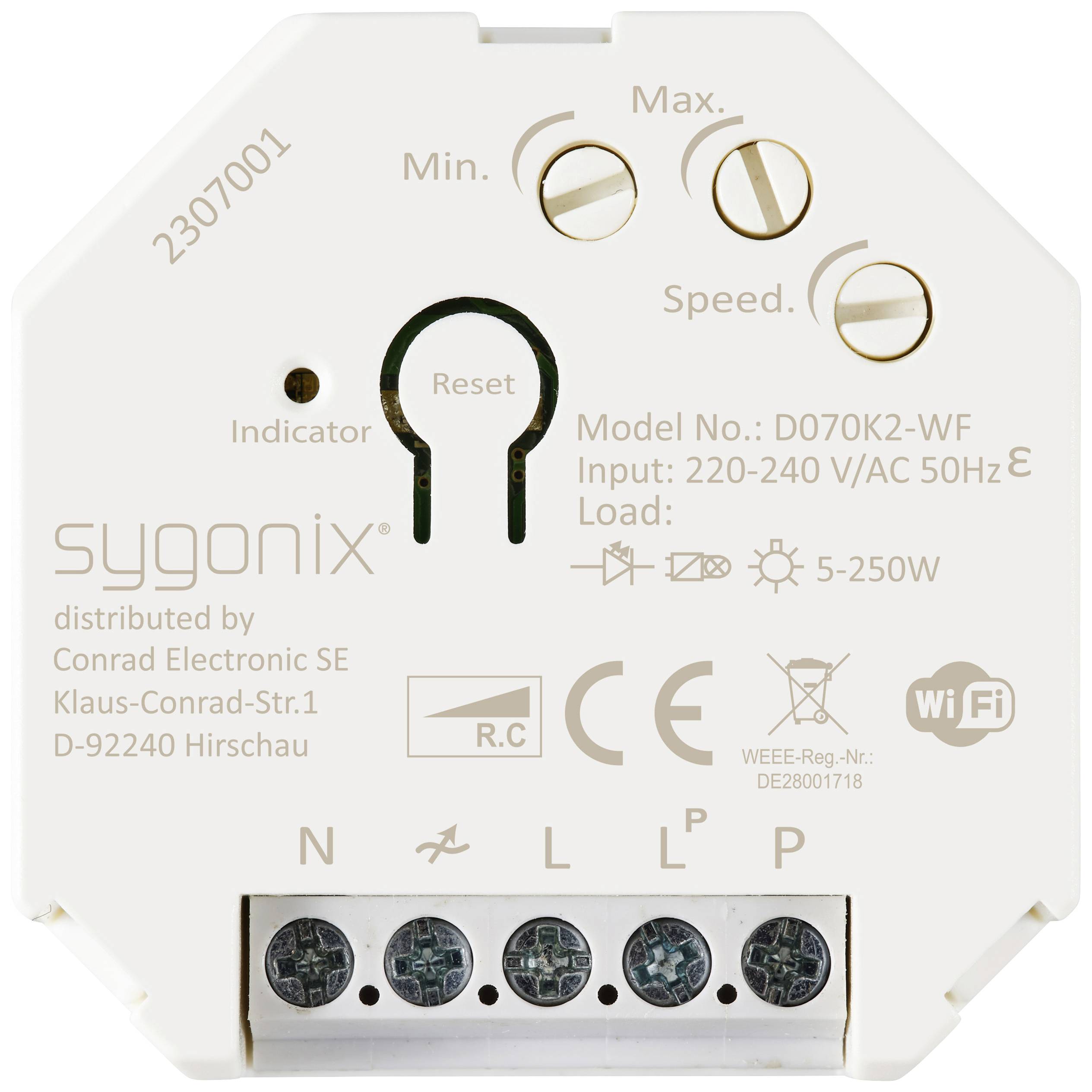 A kép egy intelligens Sygonix dimmer komponenst mutat, amely tartalmazza a műszaki specifikációkat, a minimális és maximális fényerő szabályozásának lehetőségét, valamint egy reset gombot.