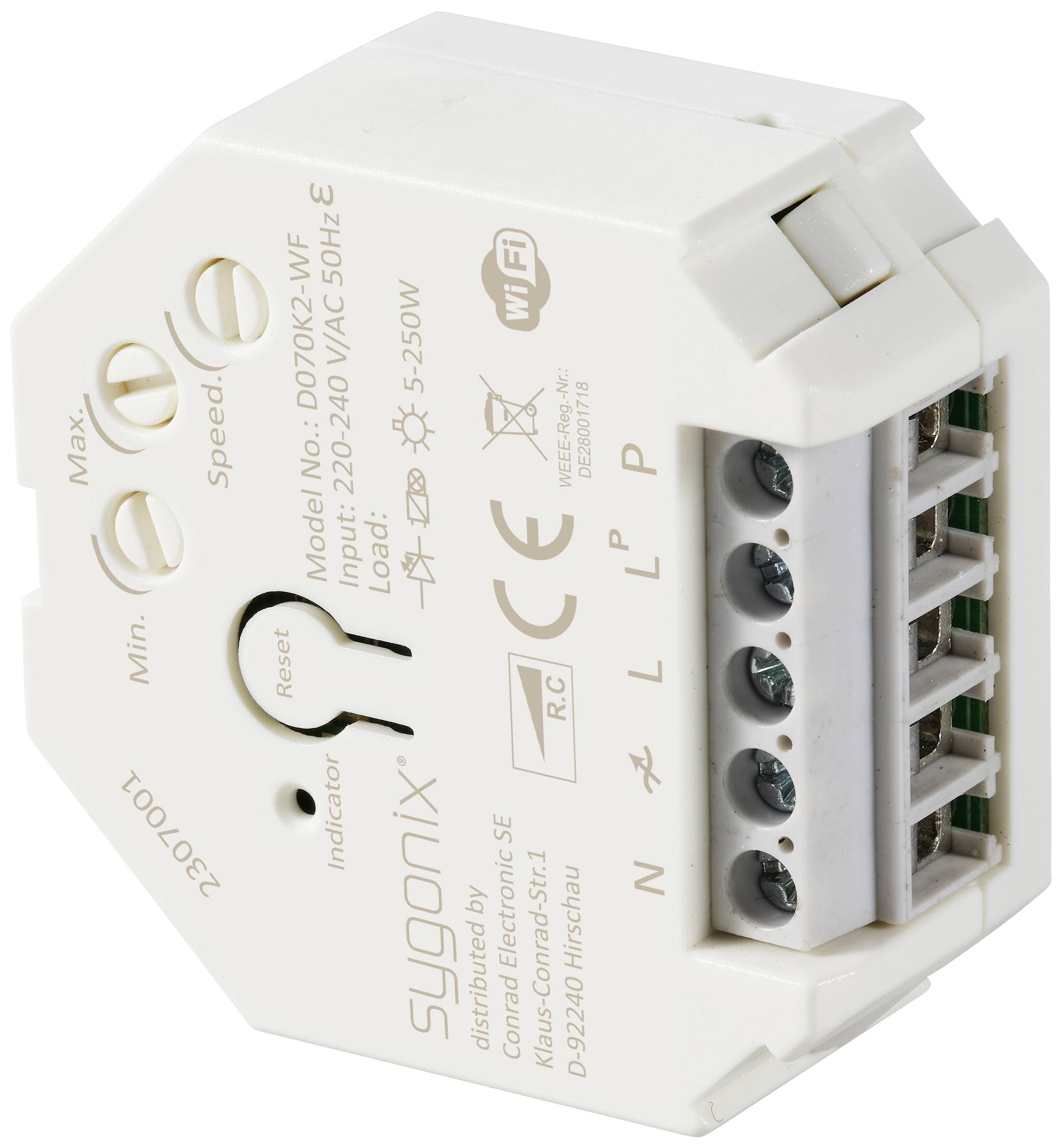 'Fehér, hatszögletű WLAN-kapcsolómodul, D0702K2-WF modellszámmal. Támogatja az 5-250 W teljesítményt, 220-240 V~ 50 Hz. CE-jelöléssel ellátva.'