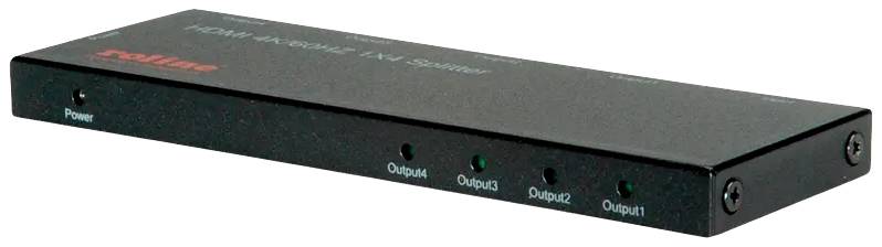 Négy kimenetes fekete HDMI-elosztó, amelynek kimenetei "Output1", "Output2", "Output3", "Output4" felirattal vannak ellátva. Tápellátás LED a bal oldalon.