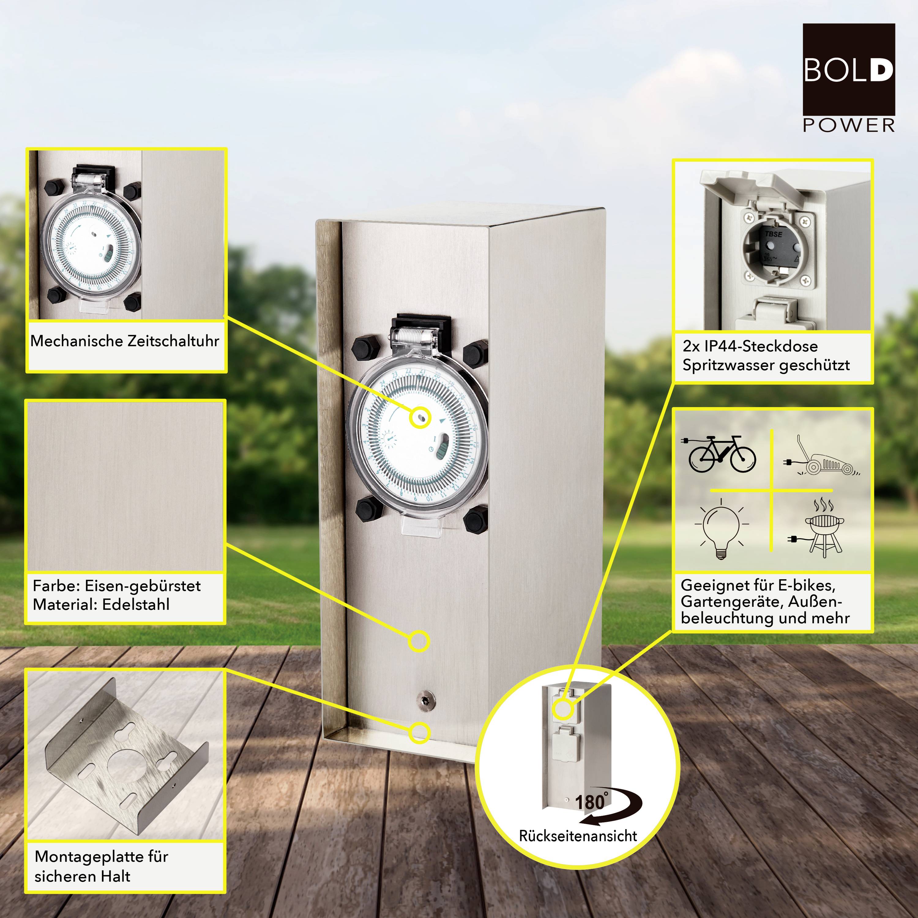 Fém időkapcsoló mechanikus időzítővel és két csatlakozóaljzattal rozsdamentes acél házban. Kültéri használatra alkalmas, időjárásálló, e-bike-okhoz tökéletes.