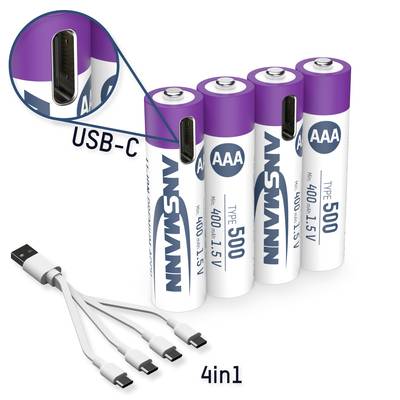 Négy újratölthető AAA-akkumulátor USB-C csatlakozóval és négyszeres töltőkábellel, 500-as típus, 400 mAh kapacitás, 1,5 V feszültség.